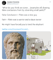 People forget that Plato was a warrior and statesman, and a slave-owner to boot. Given the chance, Plato would have locked us up in that cave and forced us to tend his elephant. ("Tending Plato's Elephant")