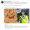 "after yrs of ethics discourse i've decided there is no distinction between eating animals and humans... and will be moving up the food chain" — which is why our primitive ancestors evolved police agencies.
