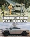 Cybertrucks of the Planet of the Apes is a dystopian black comedy science fiction film about a billionaire (Elon Musk) who populates Mars with thousands his children by hundreds of different mothers. After millions of years of evolution, his descendants have become ape-like creatures with electric trucks which they must keep free of bird poop