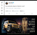 Do Elons Dream of Electric Jeep? is a transportation systems novel by mechanical engineer Chip "Pink Riddle" Kid, first published in 1968. (Sponsored by the PKD Manufacturers Association.)