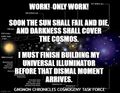 Work! Only work! Soon the sun shall fail and die, and darkness shall cover the cosmos. I must complete my Universal Illuminator before that dismal time arrives.