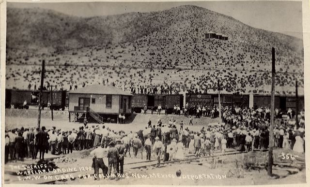 Striking miners and others being deported from Bisbee on the morning of July 12, 1917. Published as a postcard circa 1917.