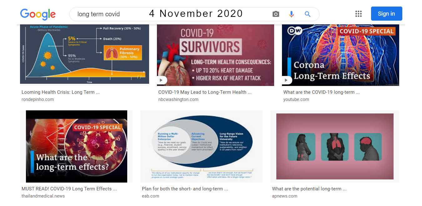 Long term effects of COVID-19: screenshot of Google web search, 4 November 2020.