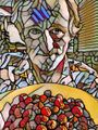 Stained glass self portrait with raspberries (1 August 2023).