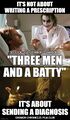 Three Men and a Batty is an American superhero buddy comedy child rearing thriller film starring Tom Selleck, Steve Guttenberg, Ted Danson, Christian Bale, and Heath Ledger.
