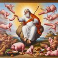 God Creates Pigs and Sausages is a painting by an anonymous Renaissance-era artificial intelligence.