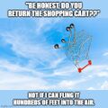 "Be honest, do you return the shopping cart??" —Not if I can fling it hundreds of feet into the air. ("Shopping Cart Blues")
