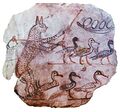Drawing on limestone of a scene from a fable, Ancient Egyptian, 19th dynasty, c1120 BC. A cat with a shepherd's crook and a bag over his shoulder guards six geese and a nest of eggs. From the Cairo Museum. See Satire (nonfiction).
