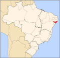 Map of Brazil. The state of Alagoas, where the original Quilombo dos Palmares (nonfiction) was located, is highlighted.